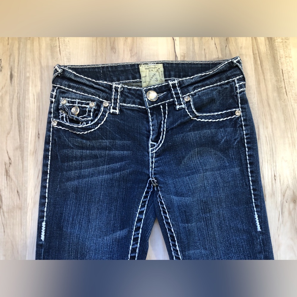 Vintage Y2K LA Idol Jeans 3 Low Rise Bootcut Rhinestone McBling Dark Wash 27 28" - Picture 3 of 16
